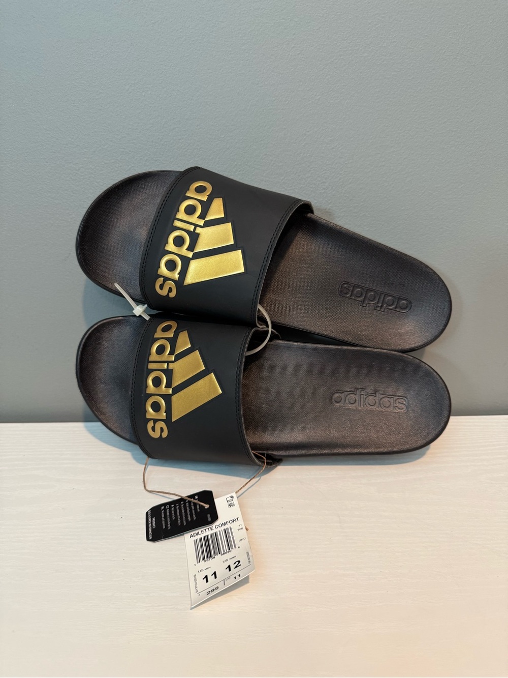 adidas Black Slides with Metallic Gold Logo NWT no box